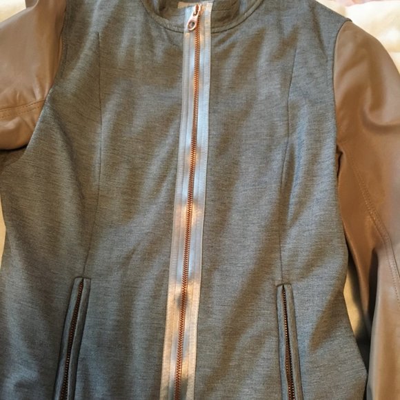Ted Baker Beyty Grey blazer jacket zip up with tan brown leather sleeves size 1 - Picture 14 of 16